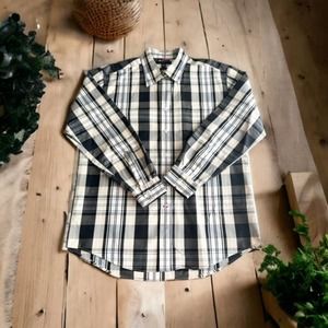 Tommy Hilfiger Mens 80s Two Ply Cotton Tan Black Plaid Long Sleeve Shirt XL